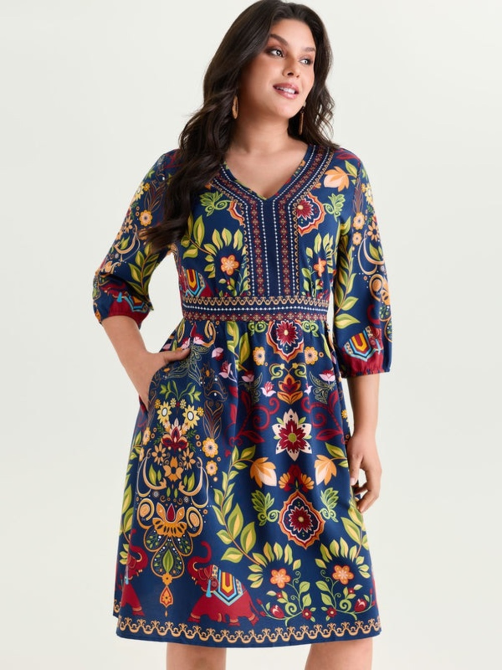 NWT BloomChic Boho Elephant Print V-Neck Pockets Dress Size 18-20